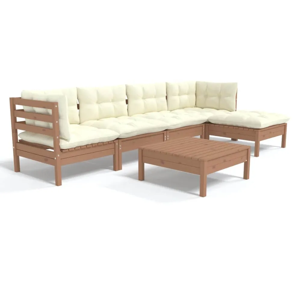 Design Ergonômico e Confortável 6pcs conj. lounge jardim + almofadões pinho maciço castanho-mel