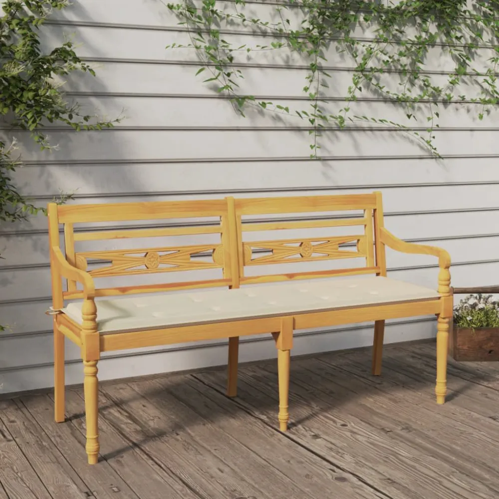 Design Ergonômico e Confortável Banco Batavia com almofadão cor creme 150 cm madeira de teca maciç
