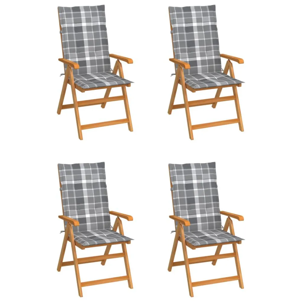 Design Ergonômico e Confortável Cadeiras jardim com almofadões xadrez cinzento 4 pcs teca maciç