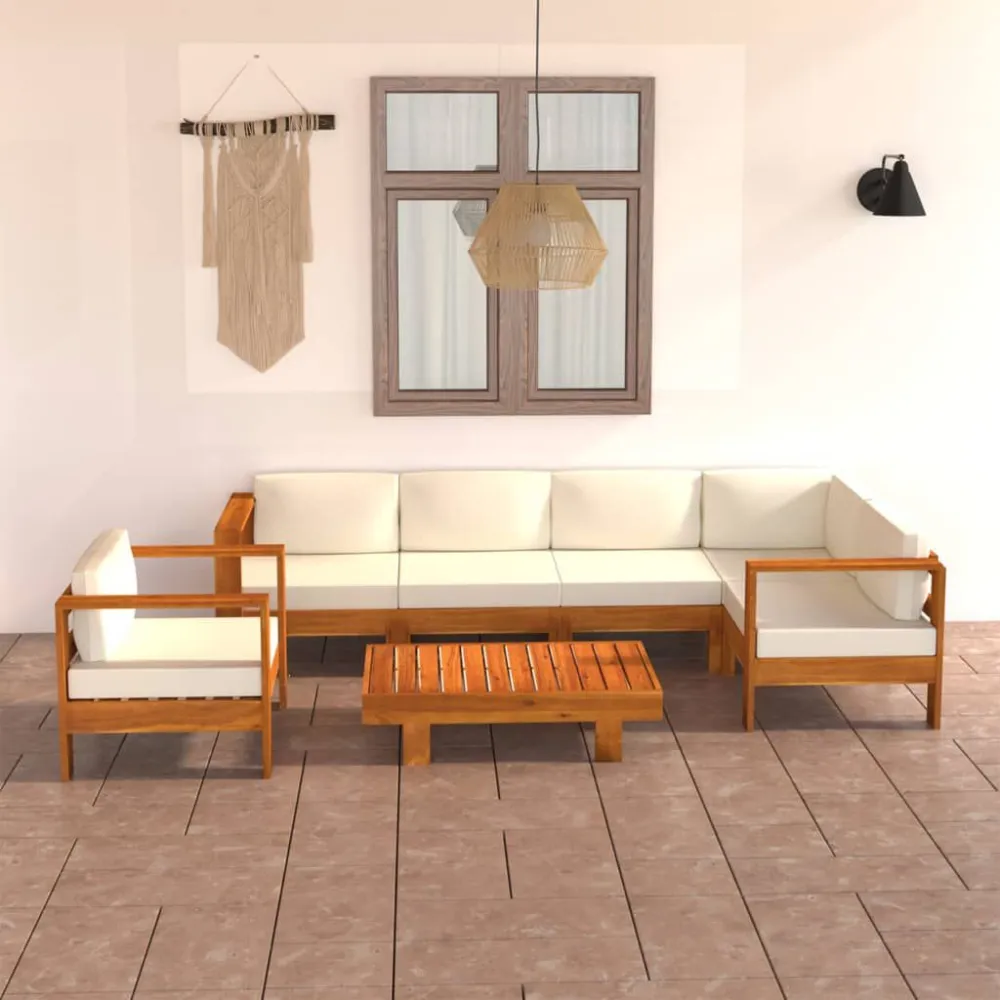 Design Ergonômico e Confortável 7 pcs conj. lounge de jardim com almofadões branco nata acácia