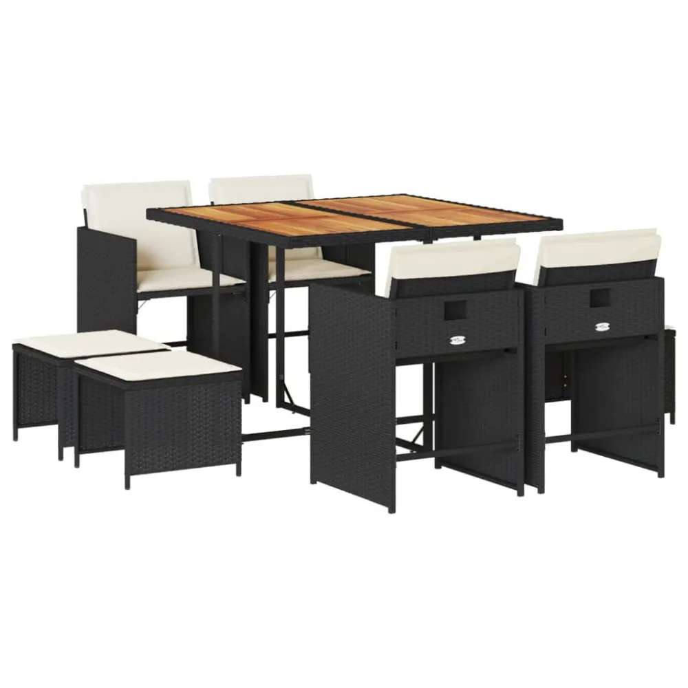 Design Ergonômico e Confortável 9 pcs conjunto de jantar para jardim com almofadões vime PE preto