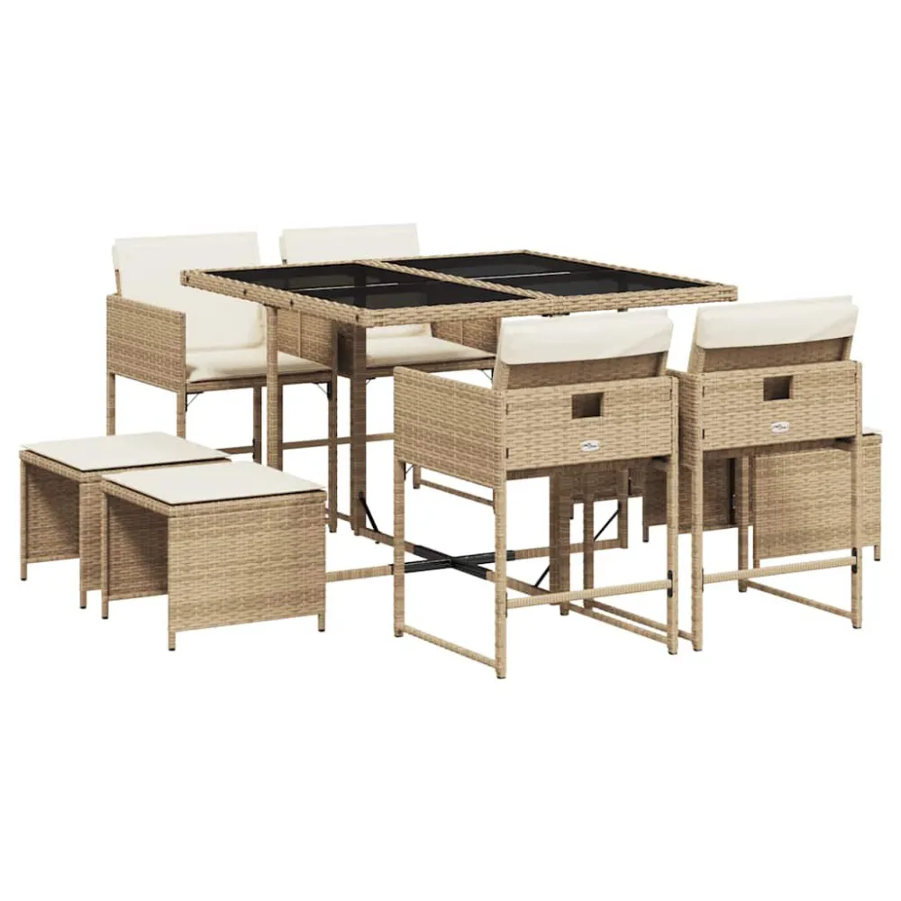 Design Ergonômico e Confortável 9 pcs conjunto de jantar para jardim com almofadões vime PE bege