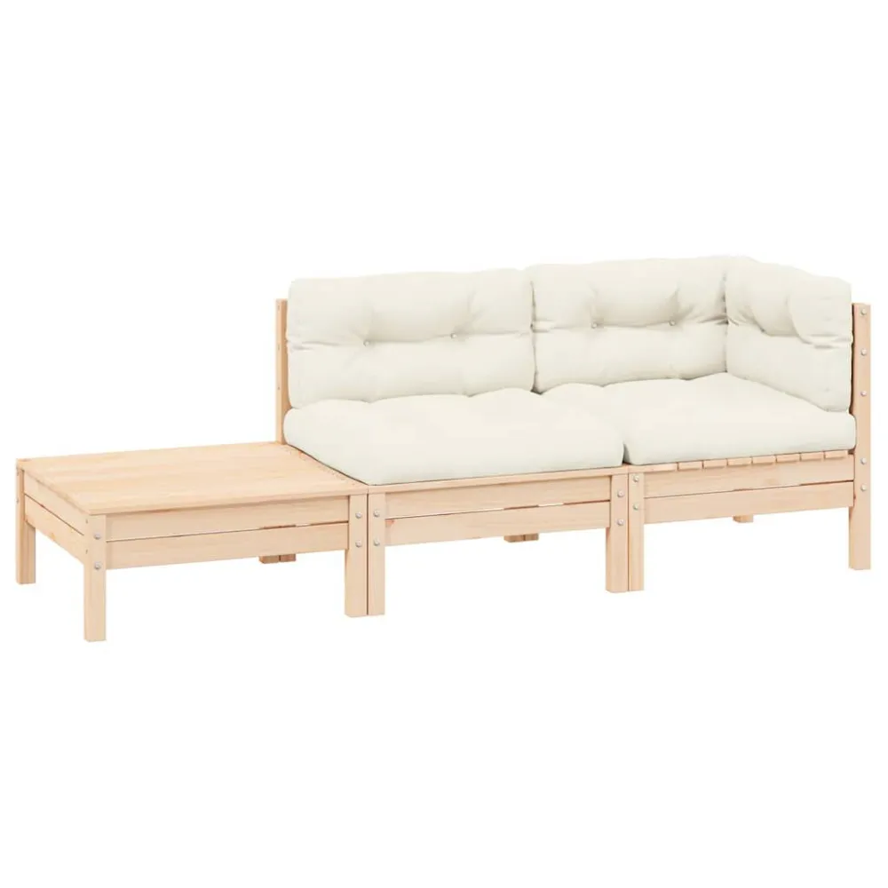 Design Ergonômico e Confortável 3 pcs conjunto lounge jardim com almofadões creme pinho maciço