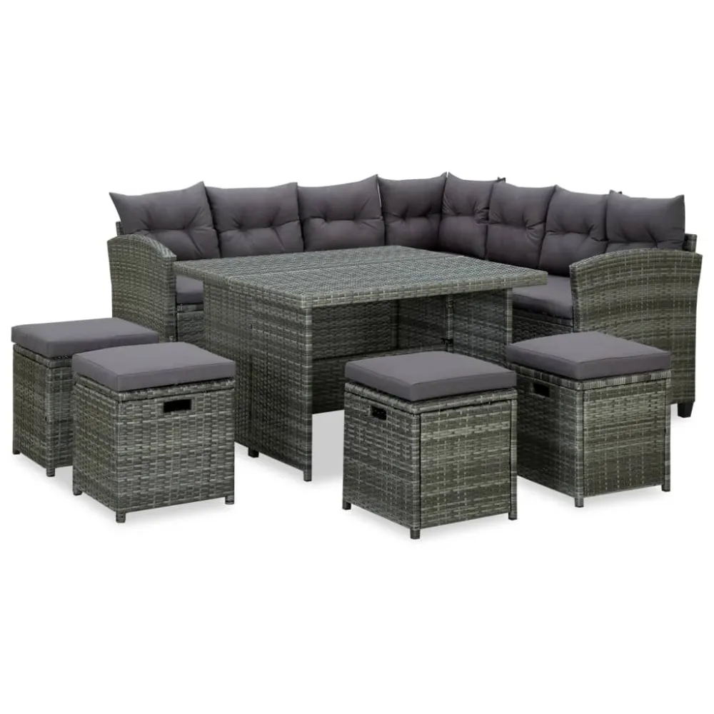 Design Ergonômico e Confortável 6 pcs conjunto lounge de jardim com almofadões vime PE cinzento