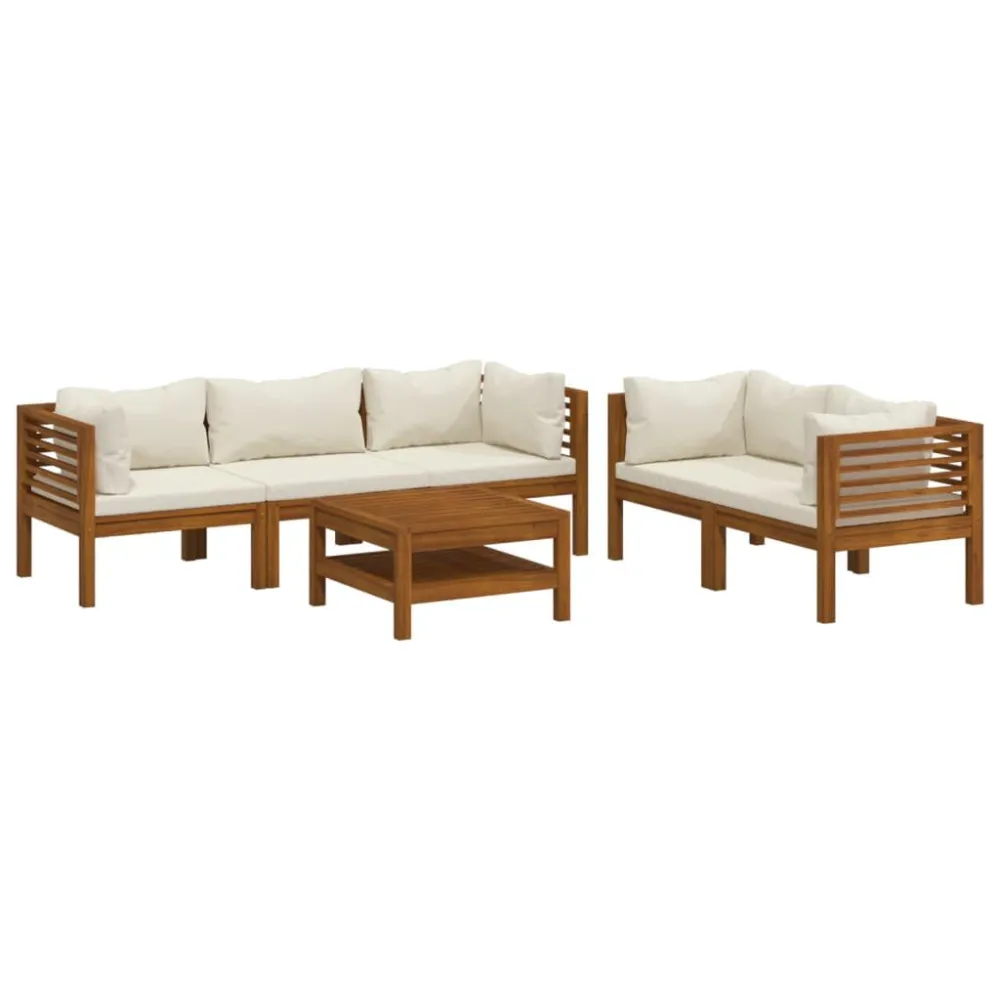 Design Ergonômico e Confortável 6 pcs conjunto lounge jardim com almofadões creme acácia maciç