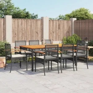 Design Ergonômico e Confortável 9 peças conjunto de jantar para jardim com almofadões vime PE preto