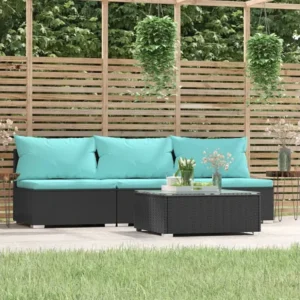 Design Ergonômico e Confortável 4 peças conjunto lounge de jardim com almofadões vime PE preto