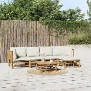 Design Ergonômico e Confortável 6 peças conjunto lounge de jardim bambu com almofadões branco nata