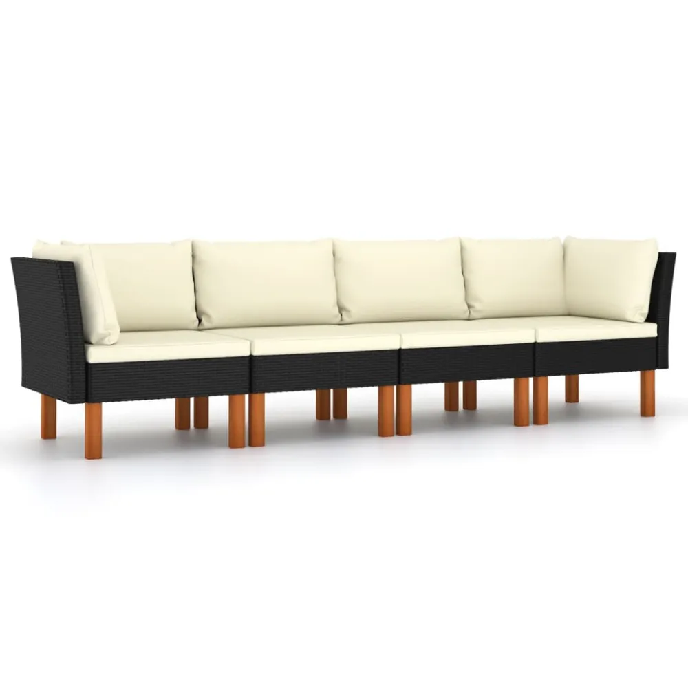 Design Ergonômico e Confortável Sofá de jardim 4 lugares com almofadões vime PE preto