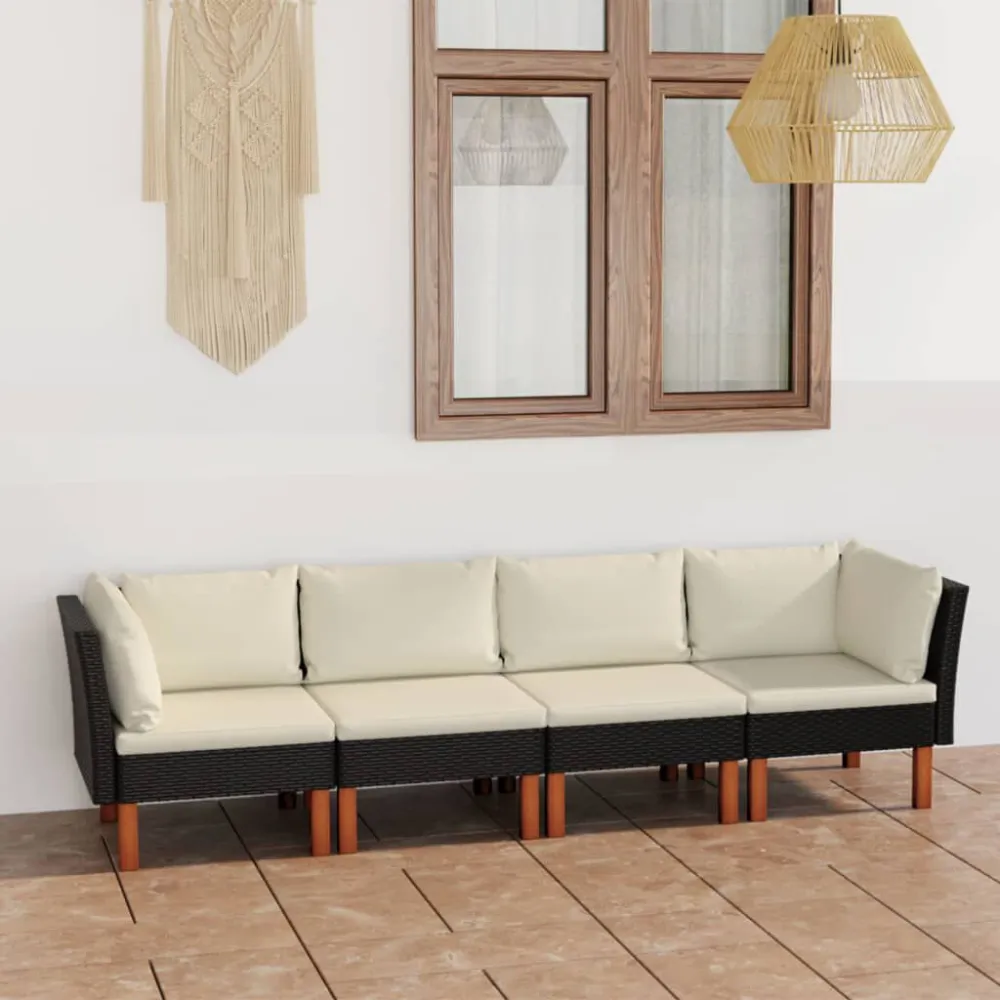 Design Ergonômico e Confortável Sofá de jardim 4 lugares com almofadões vime PE preto
