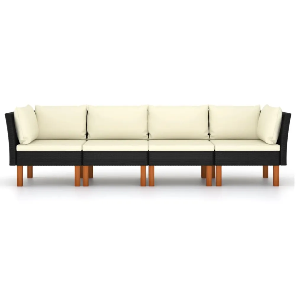 Design Ergonômico e Confortável Sofá de jardim 4 lugares com almofadões vime PE preto