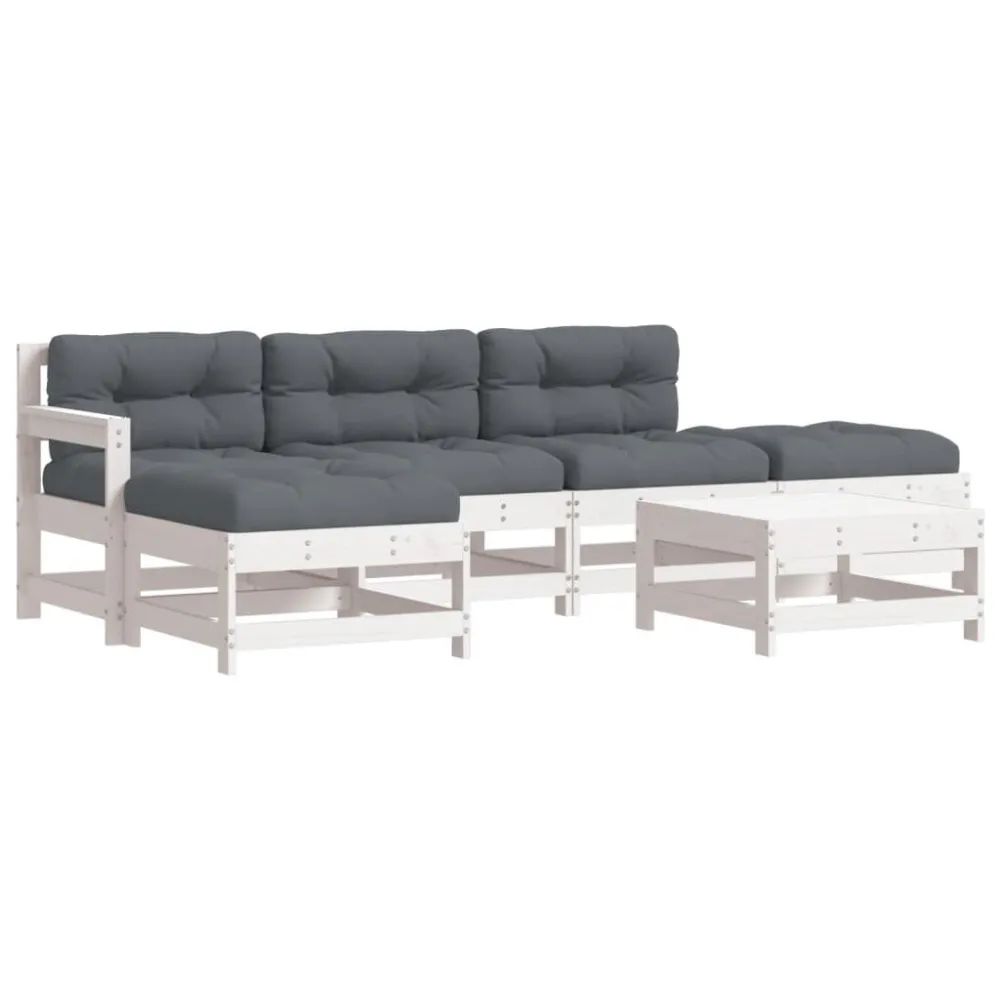 Espreguiçadeira de Exterior 6pcs conjunto lounge jardim com almofadões madeira maciç branco