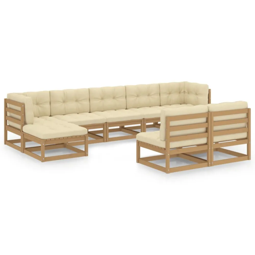 Espreguiçadeira de Exterior 9pcs conj. lounge jardim e almofadões pinho maciço castanho mel