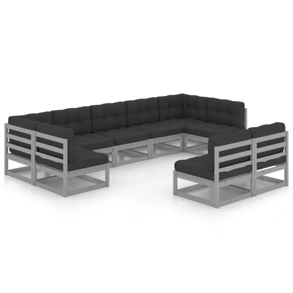 Espreguiçadeira de Exterior 9pcs conjunto lounge de jardim com almofadões pinho maciço cinza