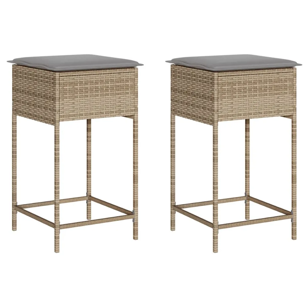 Espreguiçadeira de Exterior Bancos de bar com almofadões para jardim 2 pcs vime PE bege
