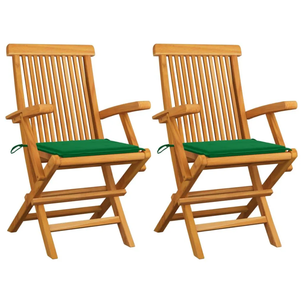 Espreguiçadeira de Exterior Cadeiras de jardim com almofadões verdes 2 pcs teca maciç