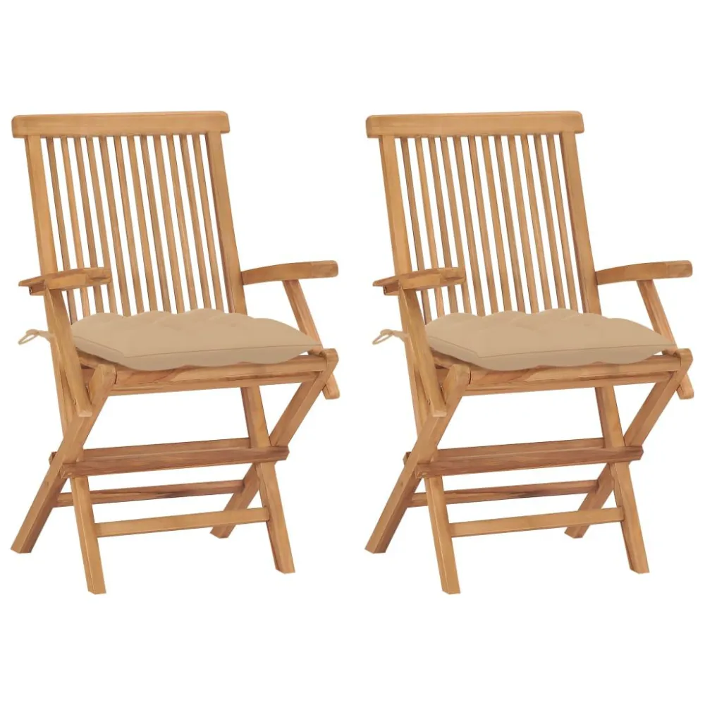 Espreguiçadeira de Exterior Cadeiras de jardim com almofadões beges 2 pcs teca maciç