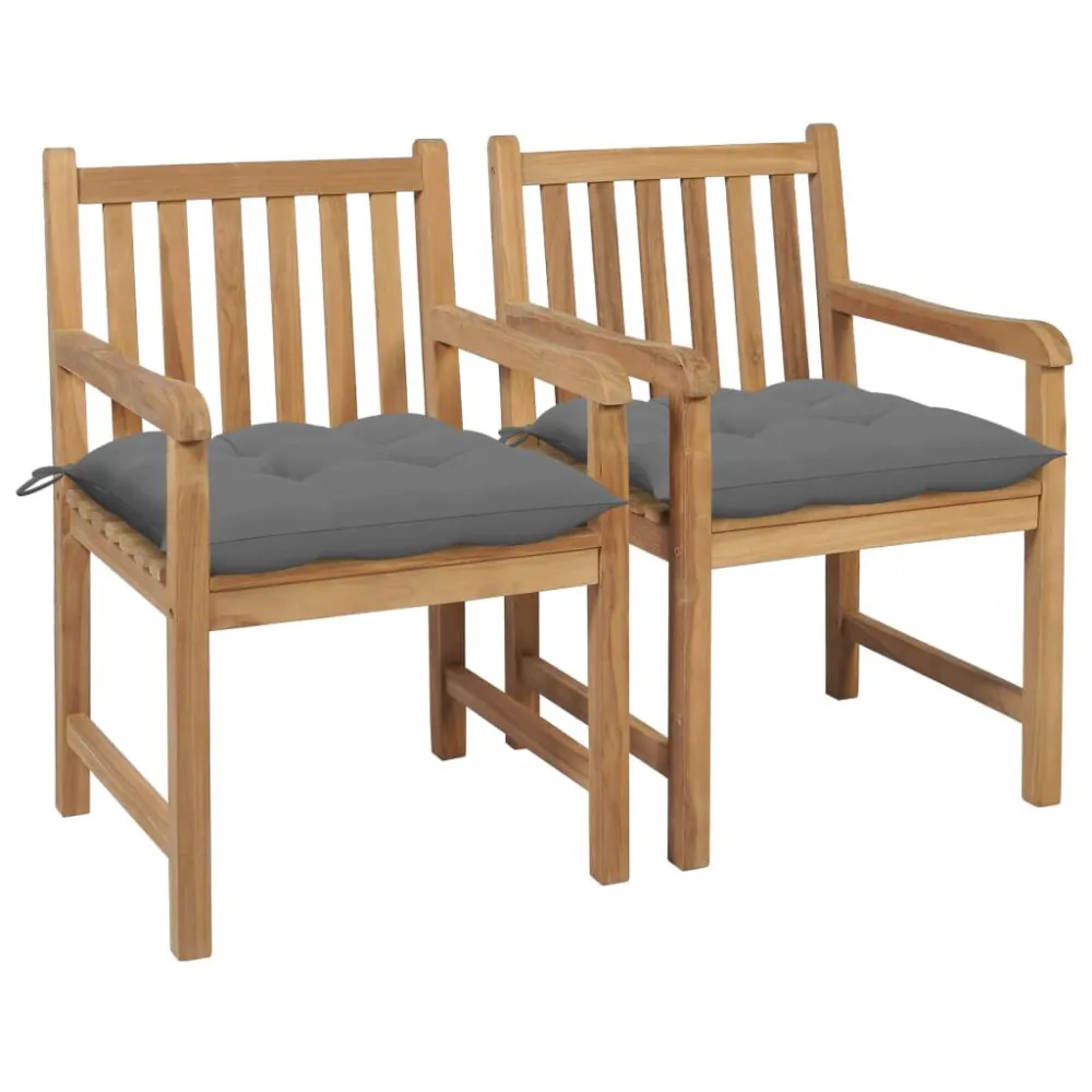 Espreguiçadeira de Exterior Cadeiras de jardim com almofadões cinzentos 2 pcs teca maciç