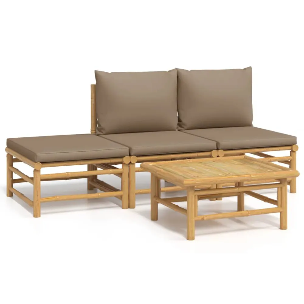 Espreguiçadeira de Exterior 4 pcs conj. lounge jardim bambu com almofadões cinza-acastanhado