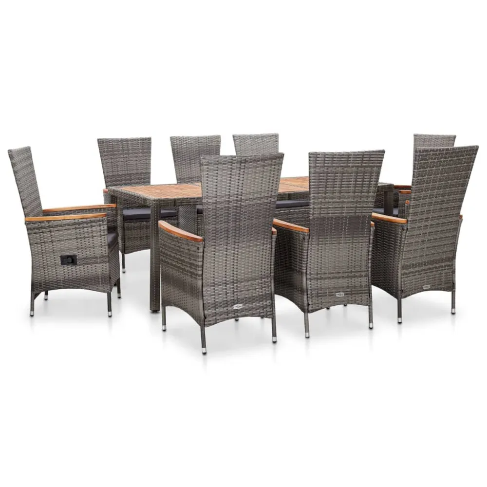 Espreguiçadeira de Exterior 9 pcs conjunto jantar exterior com almofadões vime PE cinzento