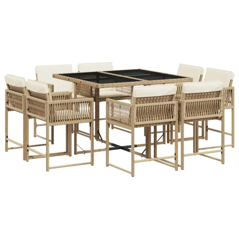 Espreguiçadeira de Exterior 9 pcs conjunto de jantar para jardim com almofadões vime PE bege