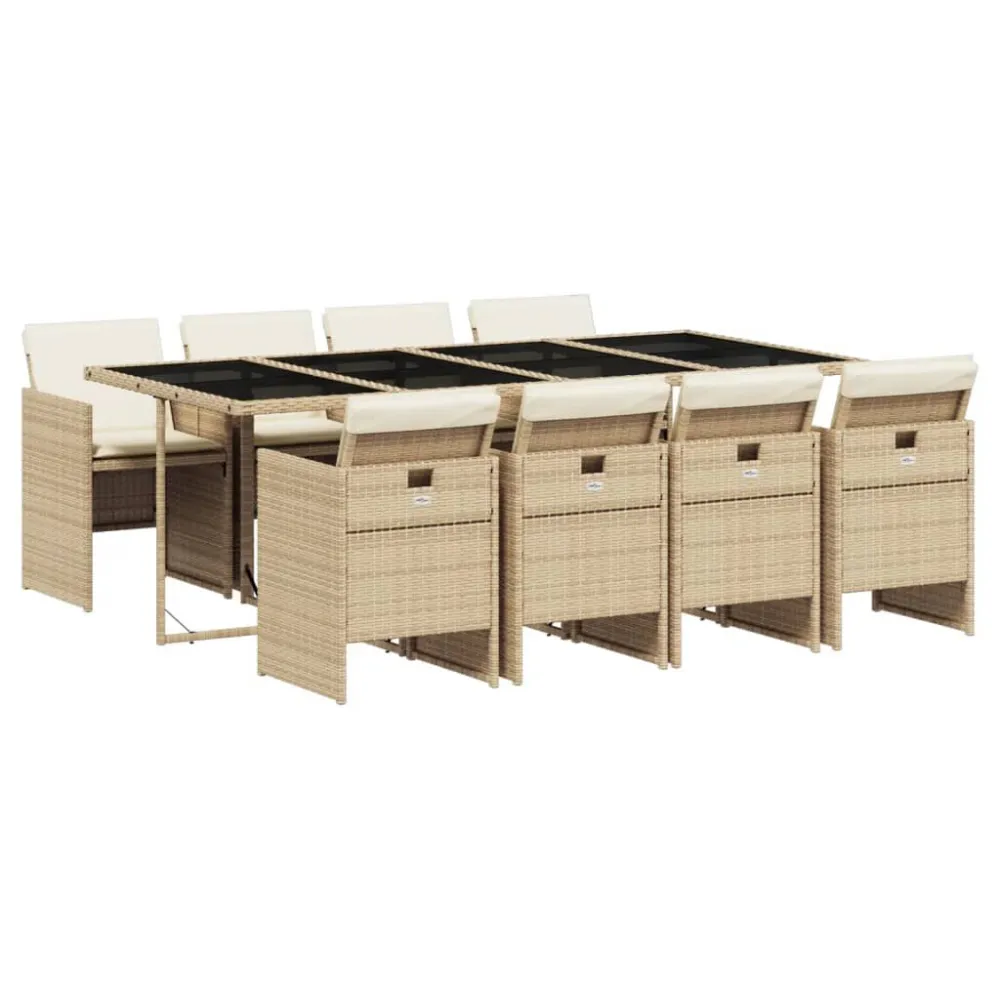 Espreguiçadeira de Exterior 9 pcs conjunto de jantar para jardim com almofadões vime PE bege