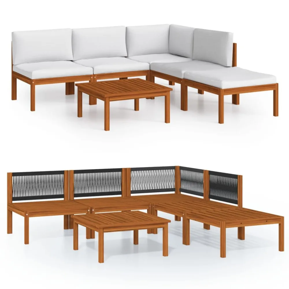Espreguiçadeira de Exterior 6 pcs conjunto lounge jardim com almofadões acácia maciç creme