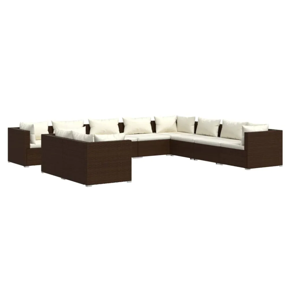 Espreguiçadeira de Exterior 10 pcs conjunto lounge jardim com almofadões vime PE castanho