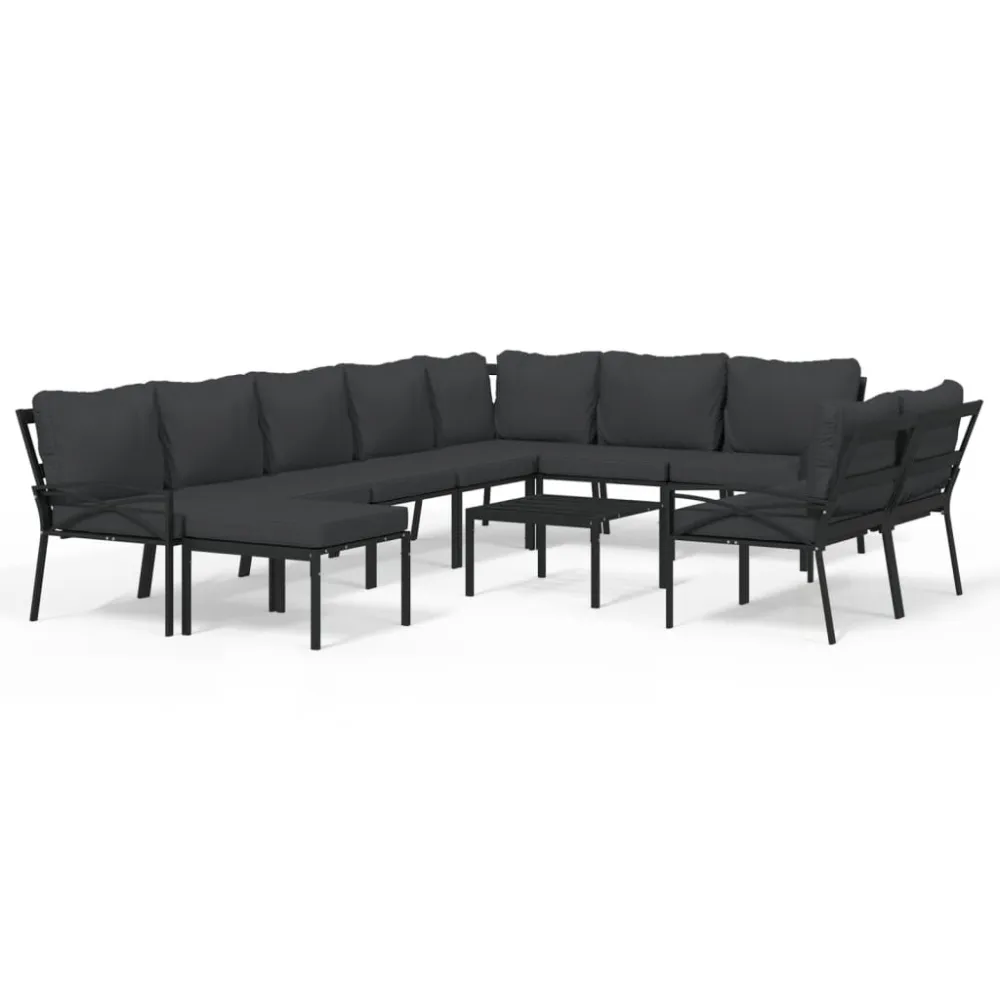 Espreguiçadeira de Exterior 11 pcs conjunto lounge de jardim ço com almofadões cinzentos
