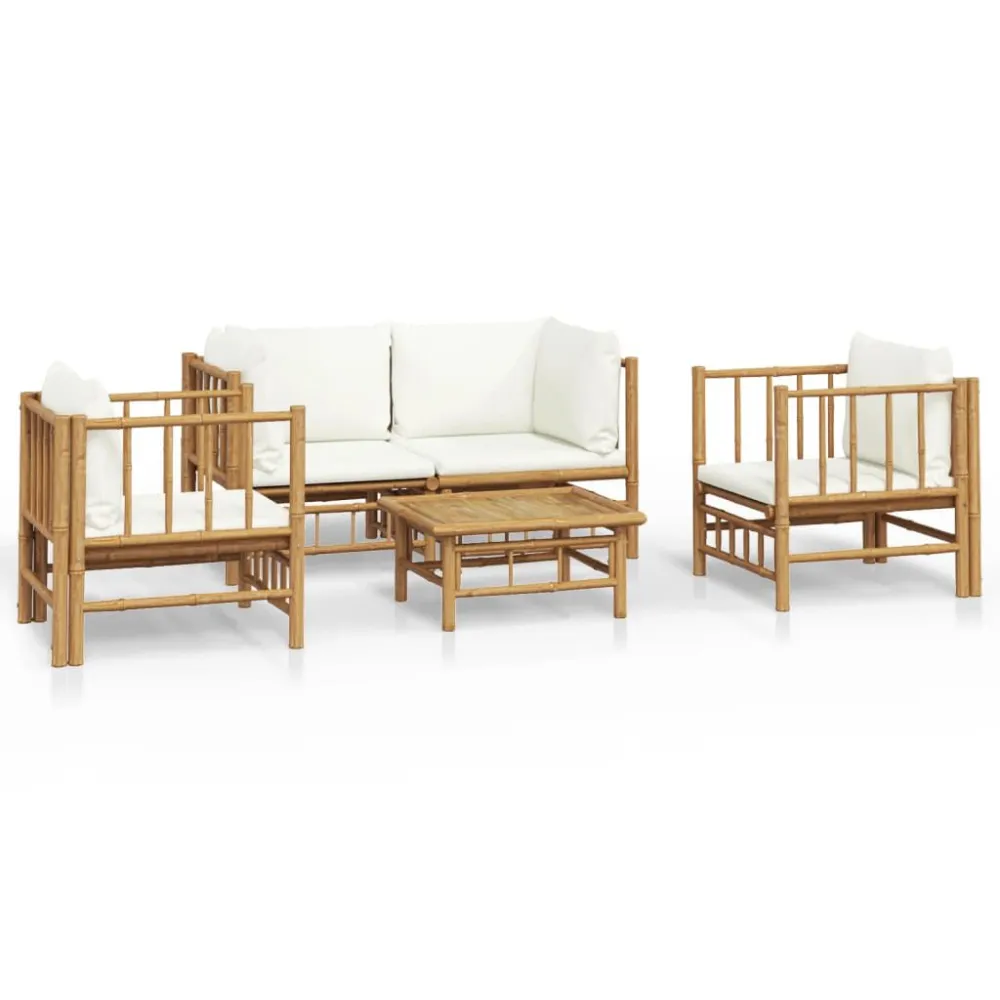 Espreguiçadeira de Exterior 5 pcs conjunto lounge de jardim bambu com almofadões branco nata