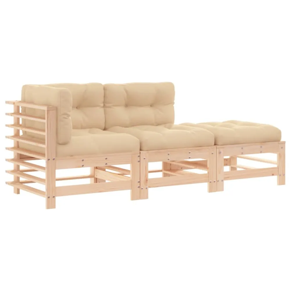 Espreguiçadeira de Exterior 3 pcs conjunto lounge de jardim com almofadões madeira maciç