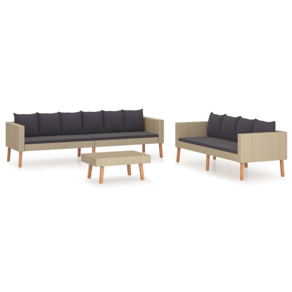 Espreguiçadeira de Exterior 3 pcs conjunto lounge de jardim com almofadões vime PE bege