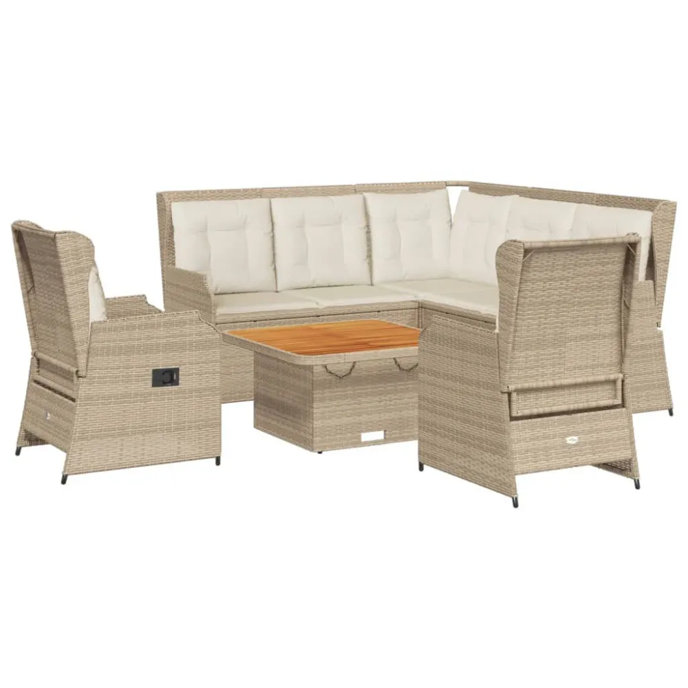 Espreguiçadeira de Exterior 6 pcs conjunto lounge para jardim com almofadões vime PE bege