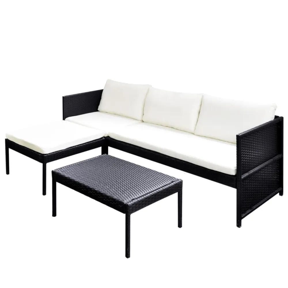 Espreguiçadeira de Exterior 3 pcs conjunto lounge para jardim com almofadões vime PE preto