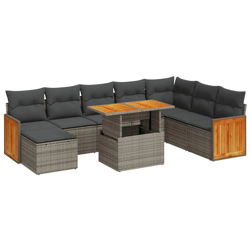 Espreguiçadeira de Exterior 9 pcs conjunto sofás jardim almofadões vime PE/acácia cinzento