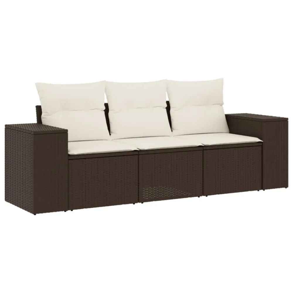 Espreguiçadeira de Exterior 3 pcs conjunto sofás de jardim com almofadões vime PE castanho