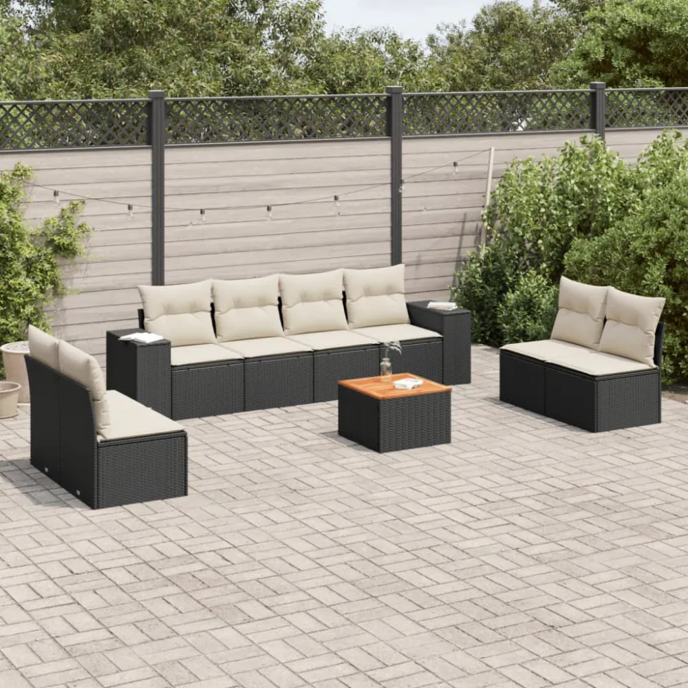 Espreguiçadeira de Exterior 9 pcs conjunto de sofás para jardim com almofadões vime PE preto