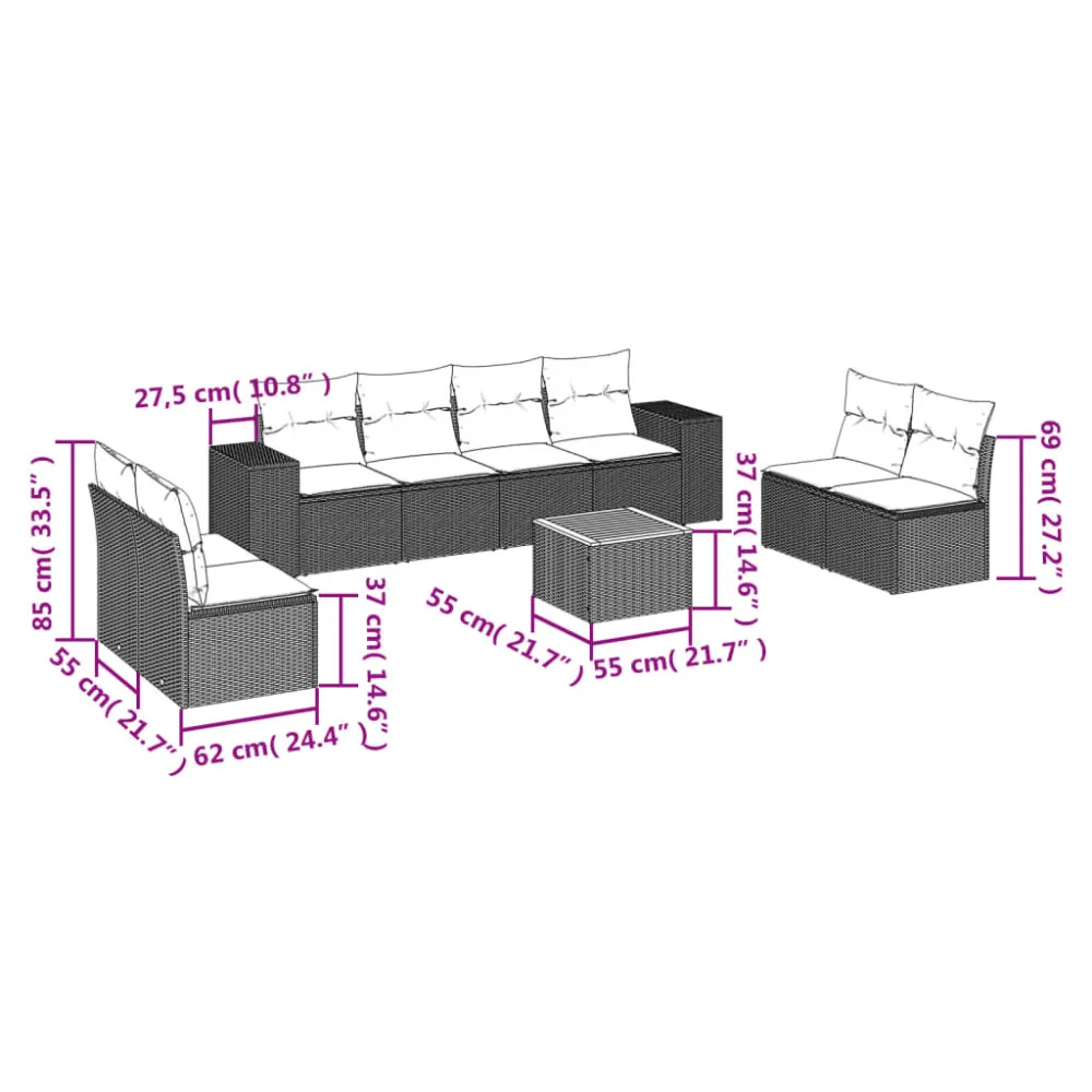 Espreguiçadeira de Exterior 9 pcs conjunto de sofás para jardim com almofadões vime PE preto