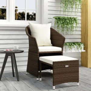 Espreguiçadeira de Exterior 2 peças conjunto lounge de jardim com almofadões vime PE castanho