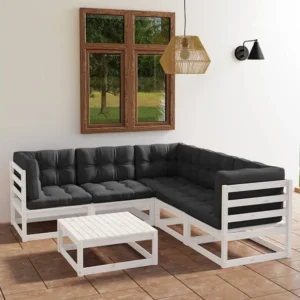 Espreguiçadeira de Exterior 6 peças conjunto lounge de jardim com almofadões pinho maciço