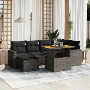 Espreguiçadeira de Exterior 7 peças conjunto sofás para jardim com almofadões vime PE cinzento
