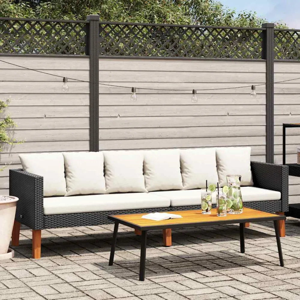 Espreguiçadeira de Exterior Sofá de jardim 3 lugares com almofadões vime PE preto