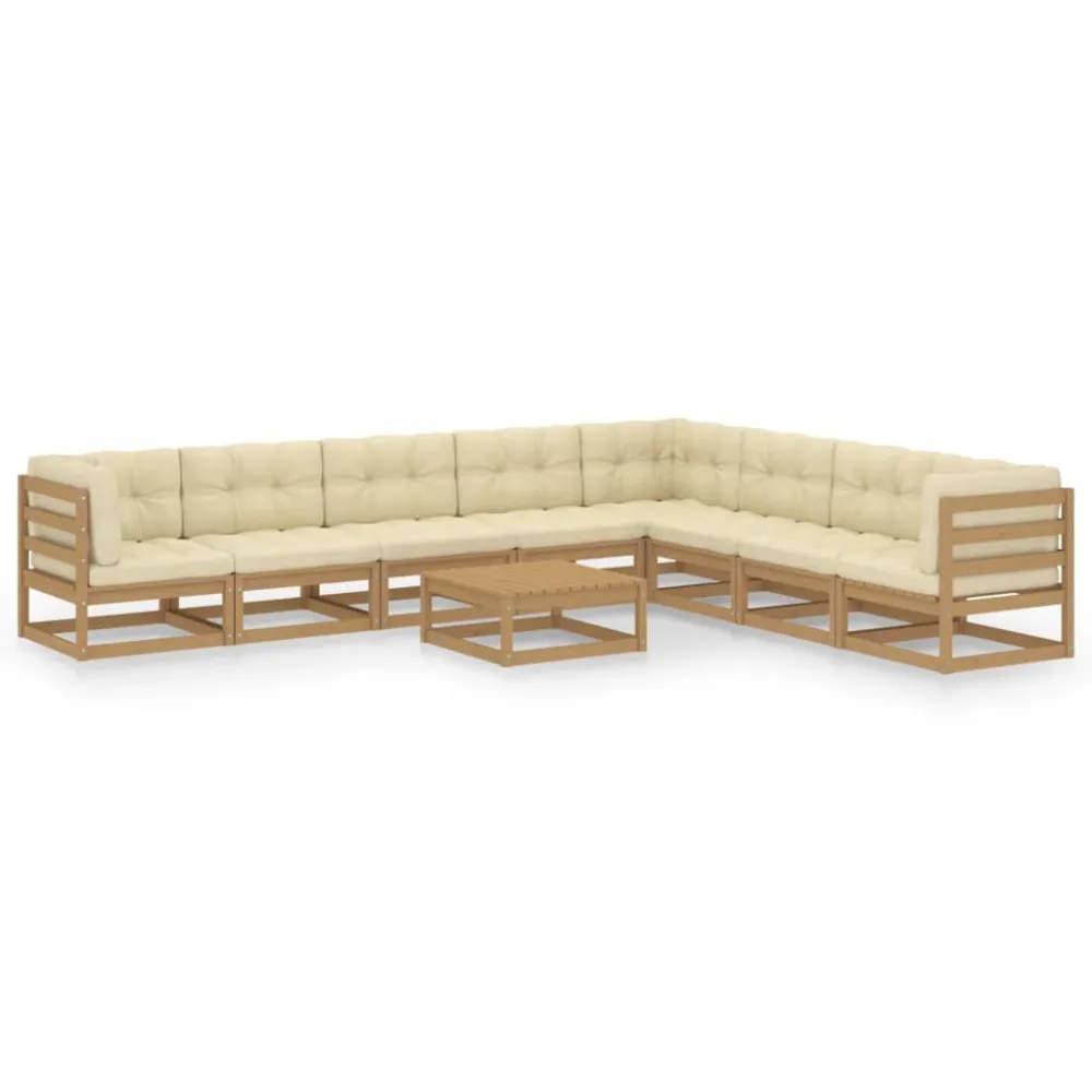 9 pcs conj. lounge ext. com almofadões pinho maciço castanho-mel | Resistente à Chuva | Confortável