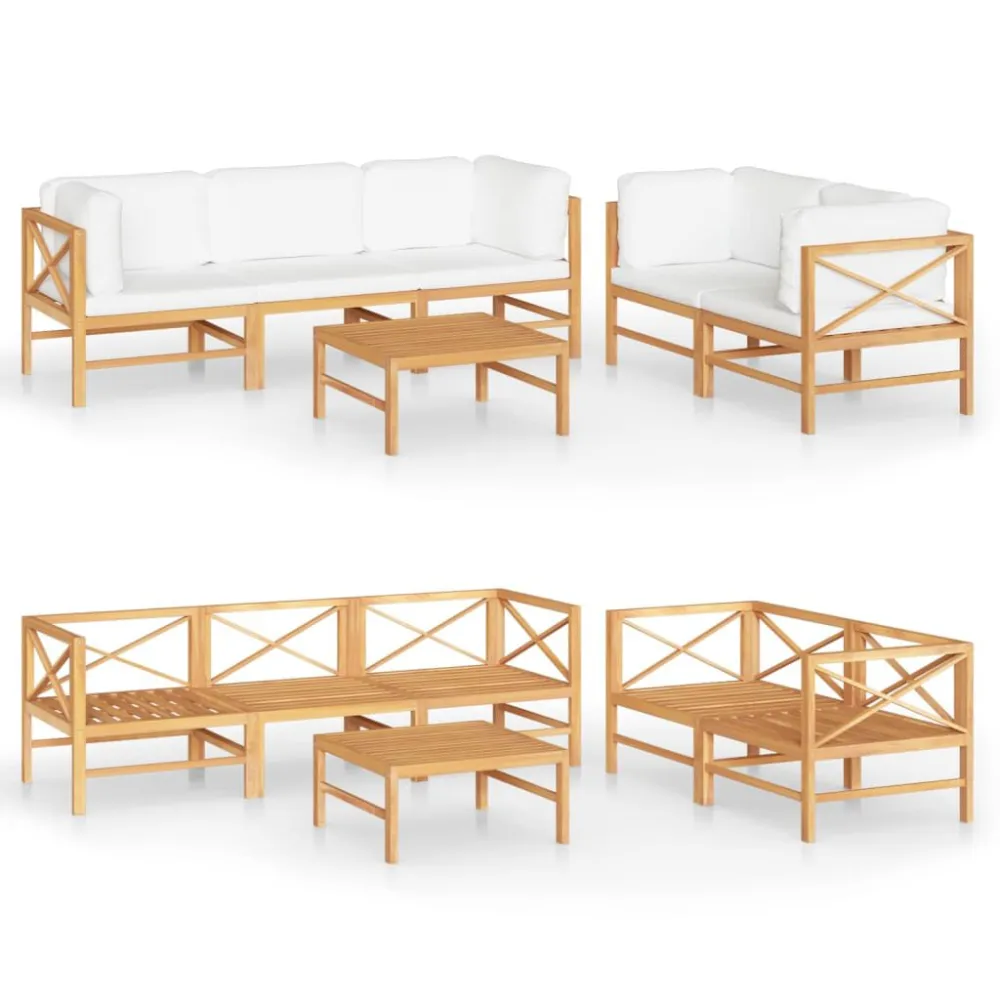 6 pcs conj. lounge de jardim + almofadões cor creme teca maciç para Relaxamento ao Ar Livre