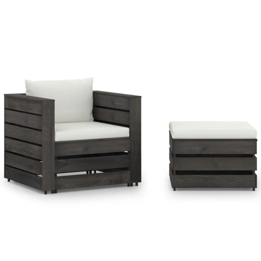 2 pcs conj. lounge jardim + almofadões madeira impreg. cinzento | Montagem Fácil e Rápida