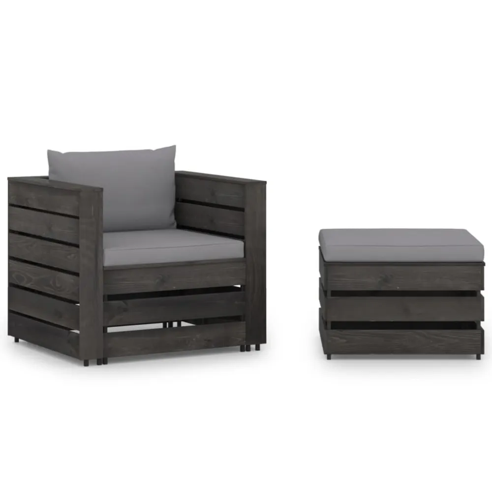 2 pcs conj. lounge jardim + almofadões madeira impreg. cinzento com Apoio para Bebidas