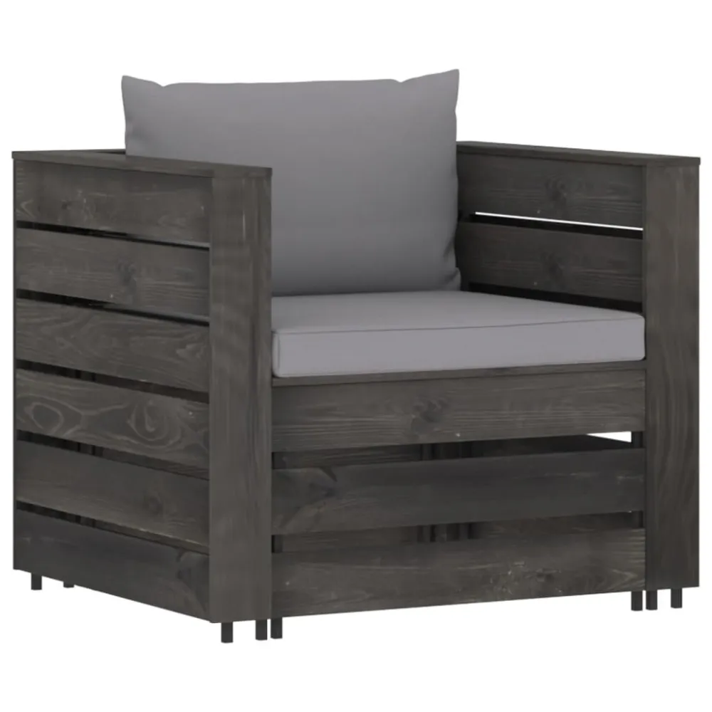 2 pcs conj. lounge jardim + almofadões madeira impreg. cinzento com Apoio para Bebidas