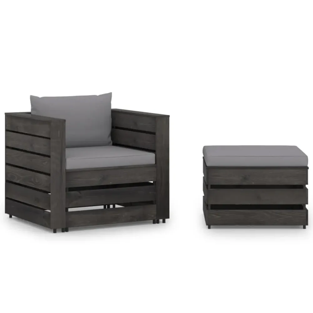 2 pcs conj. lounge jardim + almofadões madeira impreg. cinzento com Apoio para Bebidas