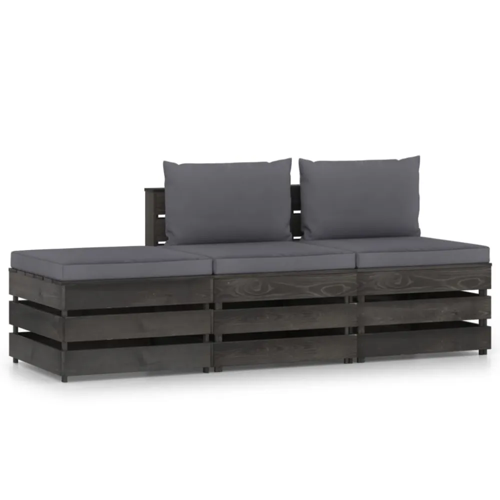 3 pcs conj. lounge jardim + almofadões madeira impreg. cinzento em Tecido Sunbrella
