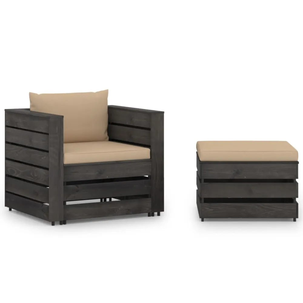 2 pcs conj. lounge jardim + almofadões madeira impreg. cinzento em Ferro Forjado